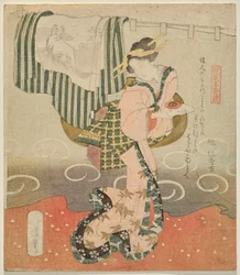 Woman Holding a Sake Cup Before a Curtain and Draped Kimono from Five Sheets for Flower Viewing