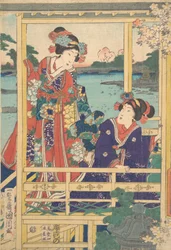 Two Beauties at Spring Garden with a Pond, ca. 2nd month, 1864