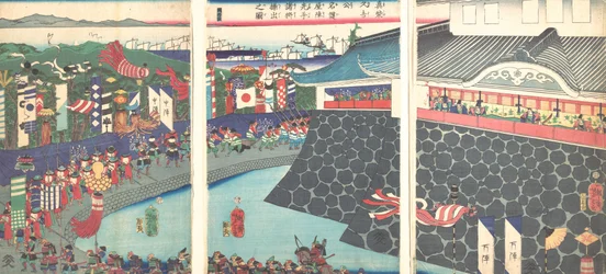 Hideyoshi and His Troops Leaving Nagoya Camp Mashiba Hideyoshi ko nagoya jin saki