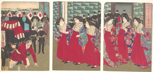 Illustration of Ladies-in-waiting Boarding at a Station (Kanjo sutēshon chakusha zu)