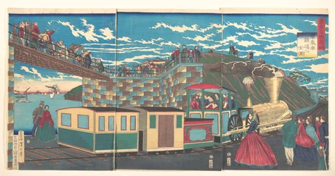 Illustration of Steam Locomotive Tracks at Takanawa, from the series Famous Places in Tokyo (Tōkyō meishō Takanawa-jōki kikansha no zen zu)