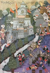 Battle of Nicopolis, 25th-28th September, 1396, facsimile of a miniature conserved in the Topkapi Museum in Istanbul