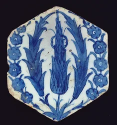 Hexagonal Isnik Tile with Cypresses and a Prunus, 1560-70