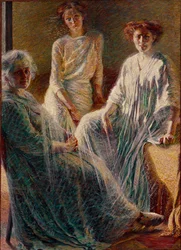 Three Women. All three dressed in white, they symbolize the three ages of life. Painting by Umberto Boccioni (1882-1916), 1909-1910, Sun, 180 x 132 cm, private collection