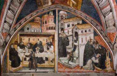 Episodes of the Life of Saint Benedict of Nursie: On the left the attack of the monks of Vicovaro who seek to poison Saint Benedict, this one miraculously breaks the cup containing the poison, on the right Saint Benedict warriors a monk with acedie