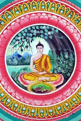Wat Inpeng Buddhist Temple. Painting Depicting the Life Story of Shakyamuni Buddha. Buddha Sitting in the Meditation Pose, Vientiane, Laos