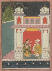 A Heroine and Her Lover in a Pavilion: Page from a Dispersed Nayikabheda