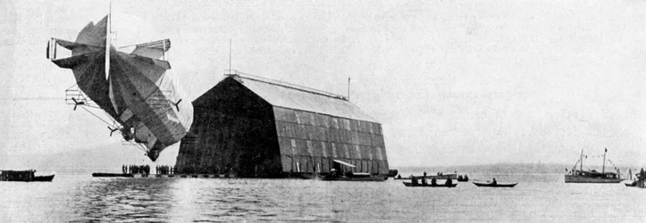A Zeppelin Entering Its Floating Shed, c. 1900