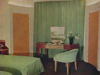 A bedroom in a house at Portland Place, designed by Ian Henderson & Co. of London, 1935