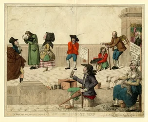 A corner of Pont Neuf, Paris, with lame beggars and street vendors, ca. 1813