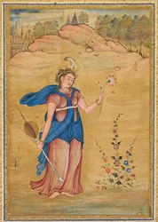 A female figure standing in a landscape holding a four-stringed khuuchir and a lotus, c. 1590