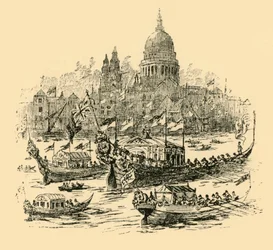 A grand procession of decorated barges from Whitehall to Limehouse, 1907