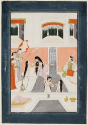 A Lady at Her Toilette Listens to Music by the Side of a Palace Water Cascade