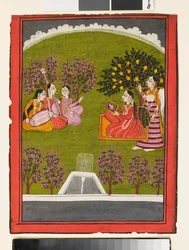 A Lady Seated with a Mirror in a Garden, with a Maid and Three Musicians