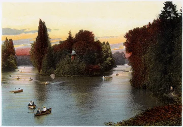 A lake in the Bois de Boulogne, Paris, c1900