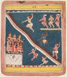 A Page from Rasikapriya of Kesava Das: Krishna and the Gopas Dive into a Pond