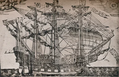 A woodcut of a ship which is believed to be The Ark Royal