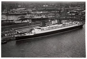 Aerial view of Bremen harbour, Germany, and the liner Europa, from a Zeppelin, c1931