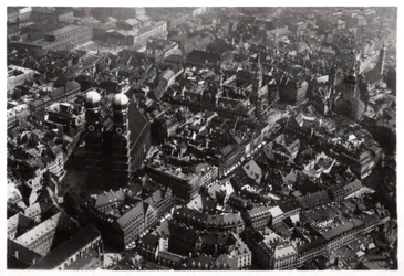 Aerial View of the Frauenkirche, Munich, Germany, from a Zeppelin