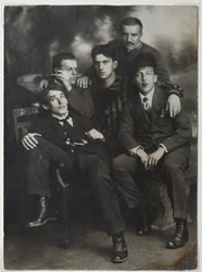 Aleksei Kruchenykh, David Burliuk, Vladimir Mayakovsky, Nikolai Burliuk and Benedikt Livshits, 1913