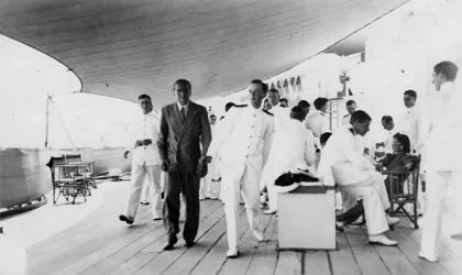 American actor and film director Douglas Fairbanks, Sr on board HMS Malaya, Venice, Italy