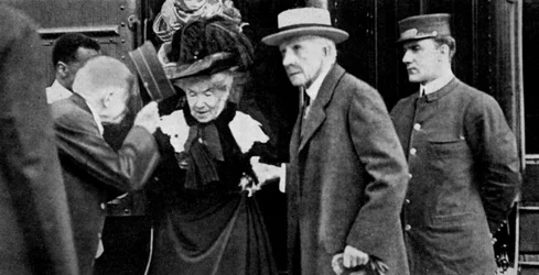 American tycoon John D. Rockefeller and his wife arriving at Cleveland, Ohio