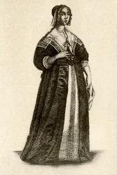 An English lady in house dress, 1640, 1937