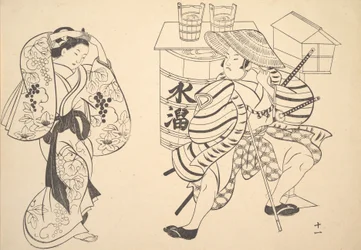An Oiran Rearranging Her Hair in the Street while a Young Samurai Looks on