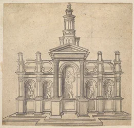 Architecturally-Shaped Tabernacle with a Saint and Four Putti