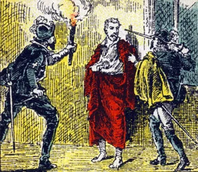 Assassination of Gaspard de Coligny during the massacres of Saint Barthelemy by a denomme Besme on 24 August 1572. Engraving in "Histoire de France". Series of advertising images published on behalf of Louit, circa 1920.