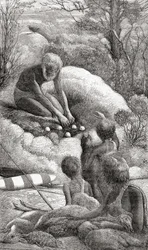 Australian aborigines examine the nest of a megapode