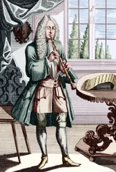 Man playing hautboy (or hautbois) which is early oboe, Engraving by J C Weigel from Musikalisches Theatrum