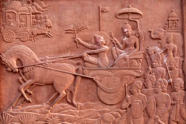 Bhagavad Gita Engraved on a Hindu Temple: Krishna Driving Arjuna