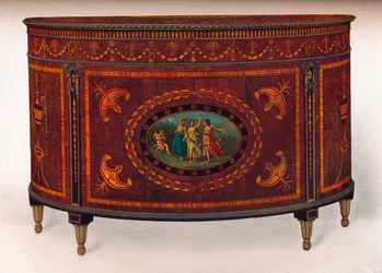 Bow-Fronted Commode with Metal Mouldings and Headings, Veneered and Inlaid with Coloured Woods
