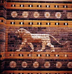 Brick relief of a lion on the walls of the Sacred Way leading to the Ishtar Gate, Babylon, c. 580 BC