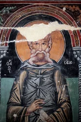 Byzantine Fresco from the 15th Century (Detail): Saint Sabas, Wall Painting, Michael Archangel Chapel, Galata Village, Cyprus, Painted Churches UNESCO Site, Troodos, Cyprus