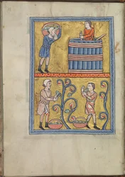 Calendar, September, men picking and treading grapes - Psalter of Eleanor of Aquitaine (ca. 1185) - KB 76 F 13, folium 009v