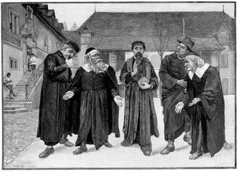 Calvin and the Four Syndics in the Courtyard of the College of Geneva