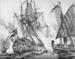 Captain Keigwin in the Revenge, Beating off Sevagees Fleet, 1884