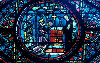 Charlemagne gives relics to the Chapel at Aix, stained glass, Chartres Cathedral, France, c1225