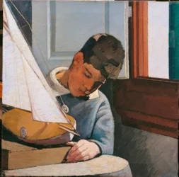 Child young boy son of the painter sitting at a table playing with a boat classical synthesis chromatic balance brush strokes full of light