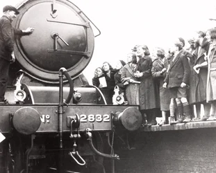 Children looking at a steam locomotive, 3 March 1936