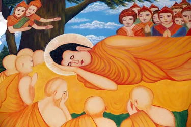 Chua Tu Quang Buddhist Temple. Reclining Buddha Painting. After 45 Years of Teaching the Dharma, the Buddha Passed into Parinirvana. Vung Tau, Vietnam