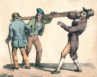 Clumsy man carrying a length of wood