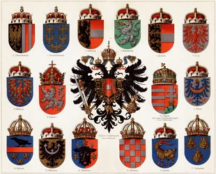 Coats of arms of Counties of Austria-Hungary and small Austrian national coat of arms