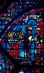 Constantine presents relics to Charlemagne, stained glass, Chartres Cathedral, France