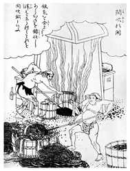 Copper smelting, a primitive method, Japan, c1900-1956