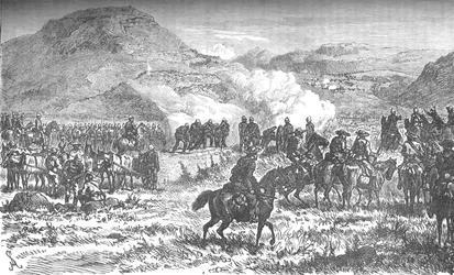Covering the Retreat of the Fifty-Eighth Regiment after the Battle of Laings Nek, c1880