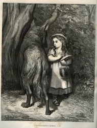 Crossing the woods, the little red riding hood meets the wolf. Engraving by Gustave Dore from 