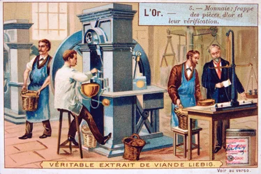 Currency, minting and checking the gold coins, c1900